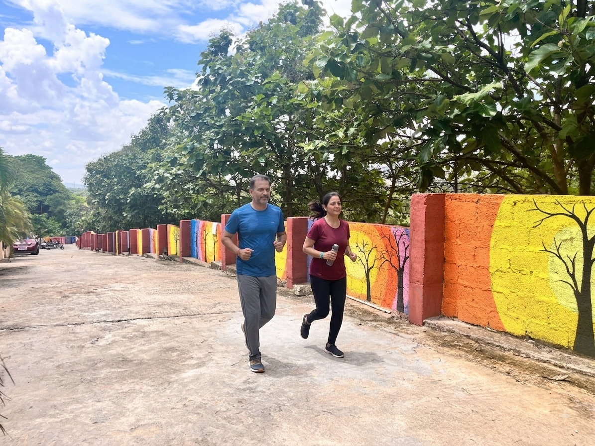 Guests jogging along the property trail