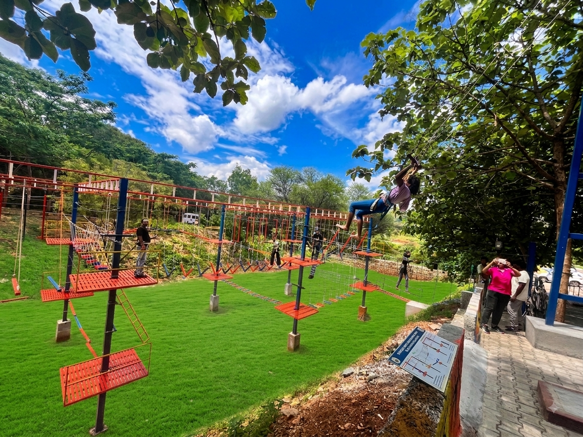 Guest ziplining across the rope course at Ayu In The Hills