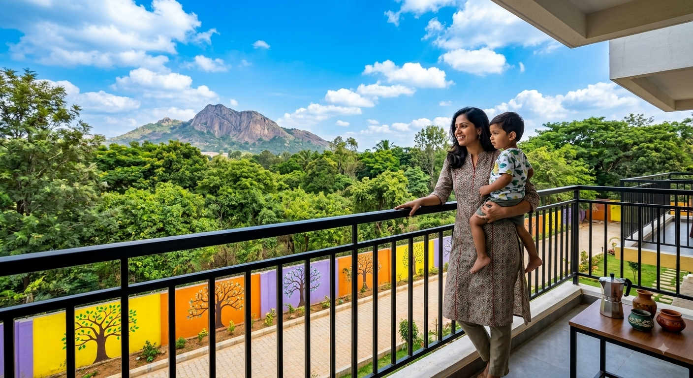 Mother and child taking in the mountain view from a balcony